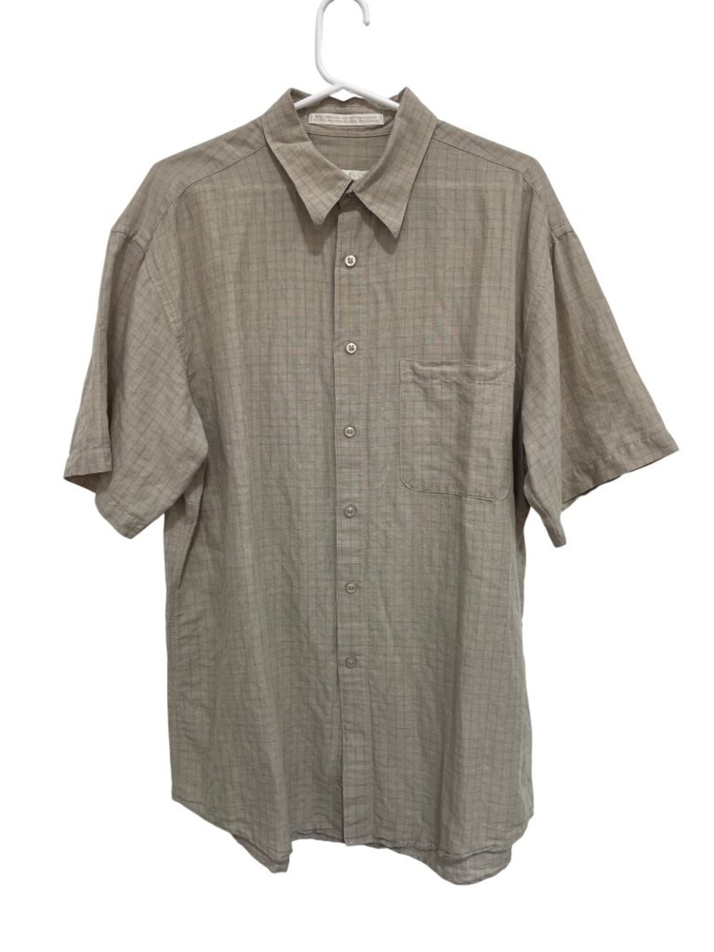 Perry Ellis Shirt Large Button Front Short Sleeve Check Linen Blend Taupe Retro